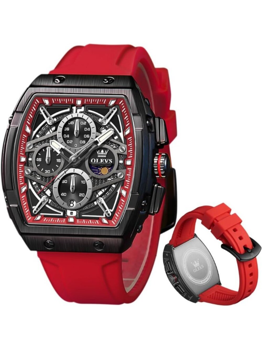 Men's Red Chronograph Big Square Analog Silicone Strap Waterproof Wrist Watch